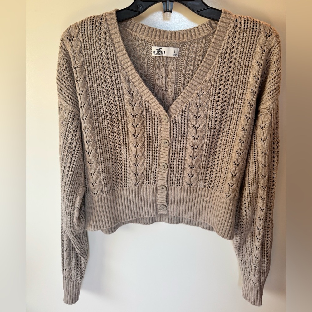 Hollister Beige Cropped Cardigan Knit Button Front Pointelle Size L